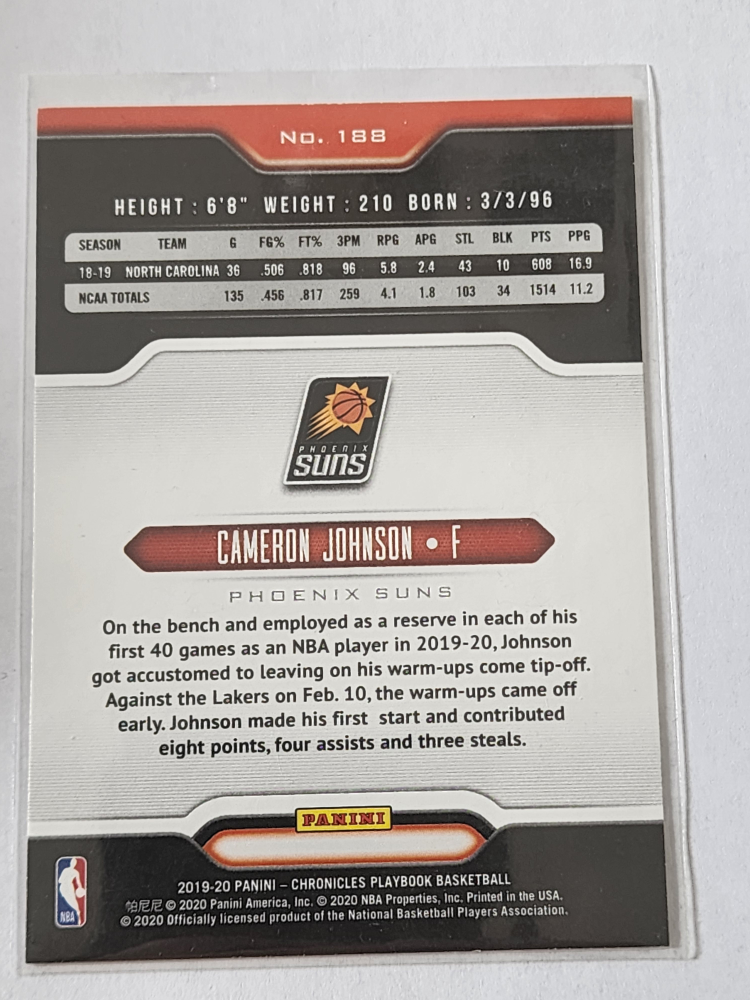 Cameron Johnson 2019-20 Panini Playbook Rookie Card #188 🏈 - photo 2