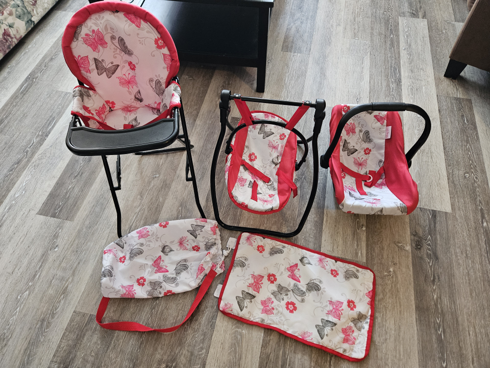 Doll highchair, swing, car seat & playmat set