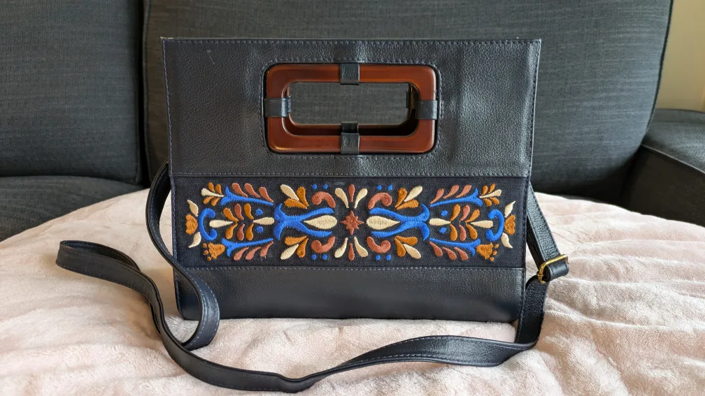 NEW Blue handmade leather embroidered crossbody bag. image indicator(2)