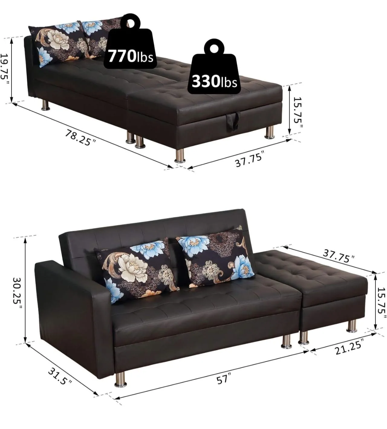 Black Faux Leather Sofa bed with Ottoman image indicator(4)