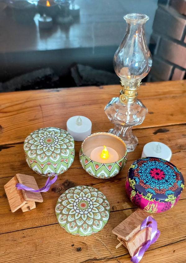 Three LED Candle Tins with Mandala Designs + Oil Lamp - photo 2
