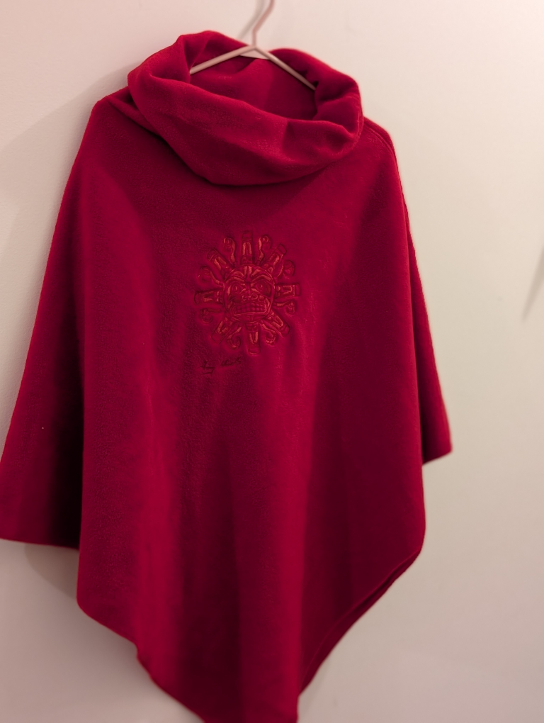 Red Fleece Poncho with Embroidered Design