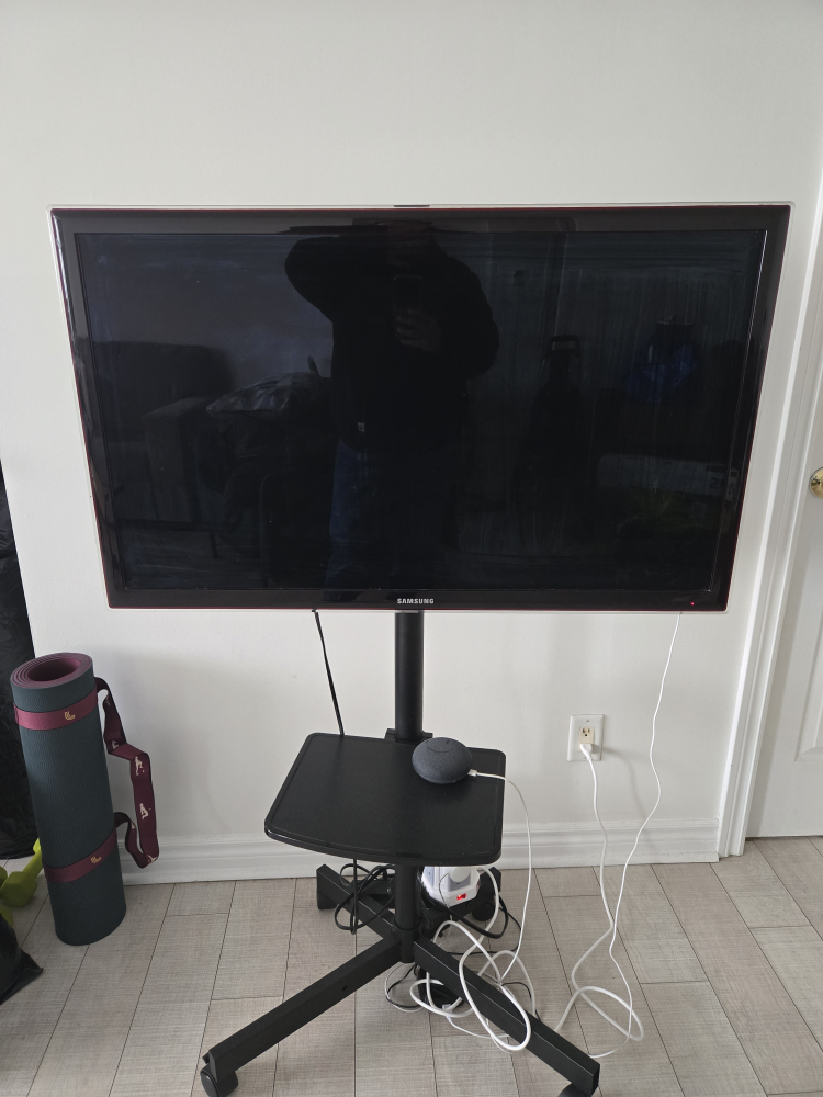 Samsung TV on rolling stand