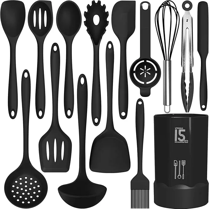 15-Piece Black Silicone Kitchen Utensil Set with Holder thumbnail