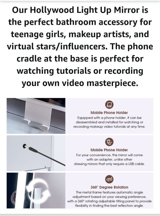 VANITY MAKEUP MIRROR, LED LIGHTS,Dimmable,Phone Holder,Rotatable - photo 4