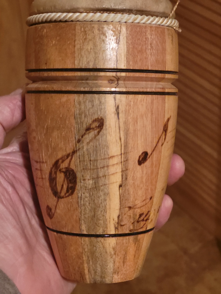 Miniature Wooden Conga Drum with Musical Notes Design