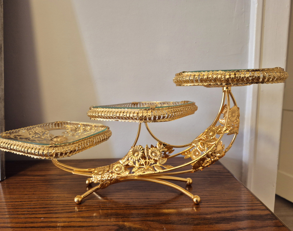 Three-Tiered Gold Dessert Stand with Glass Trays