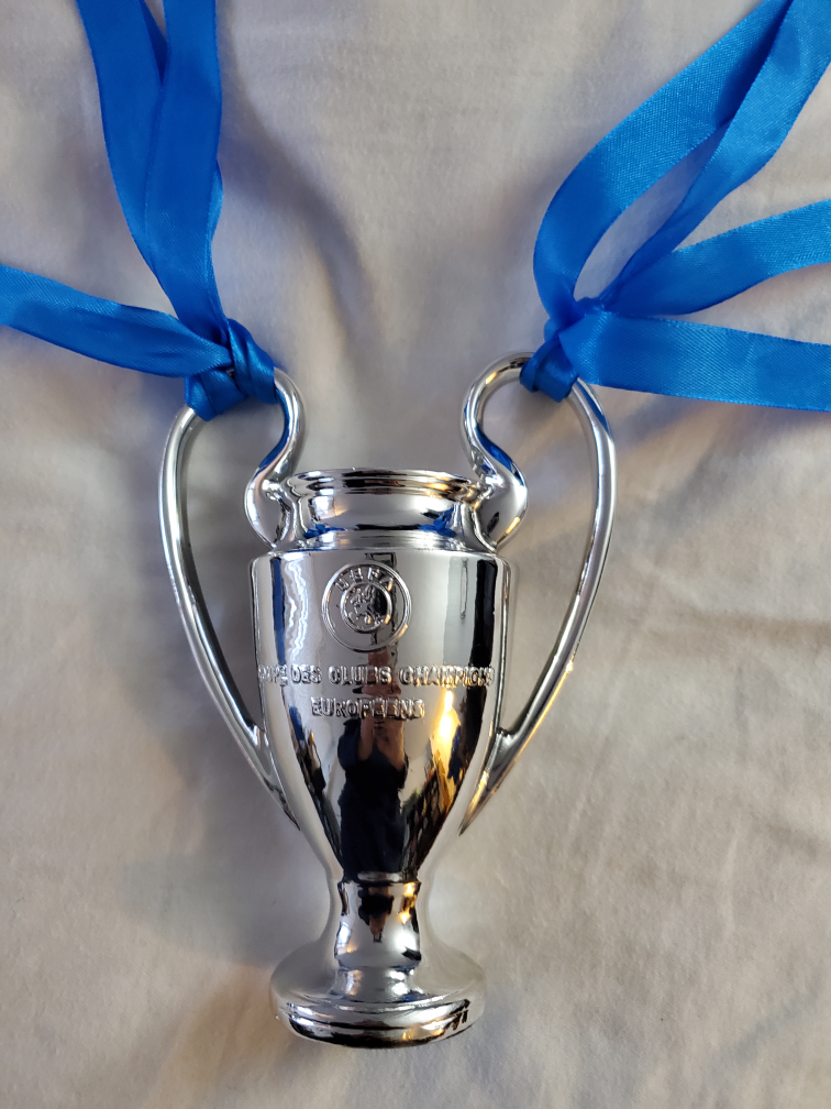 Miniature UEFA Champions League Trophy Replica with Blue Ribbons
