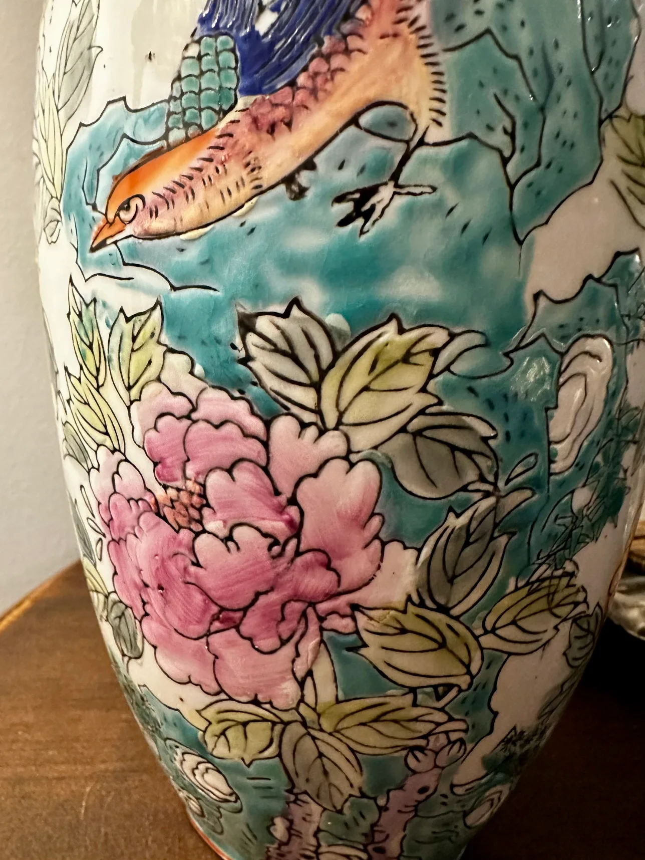 Vintage Porcelain Vase with Floral and Bird Design image indicator(6)
