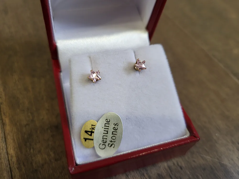 14k Gold Star Stud Earrings with Pink Genuine Stones image indicator(2)