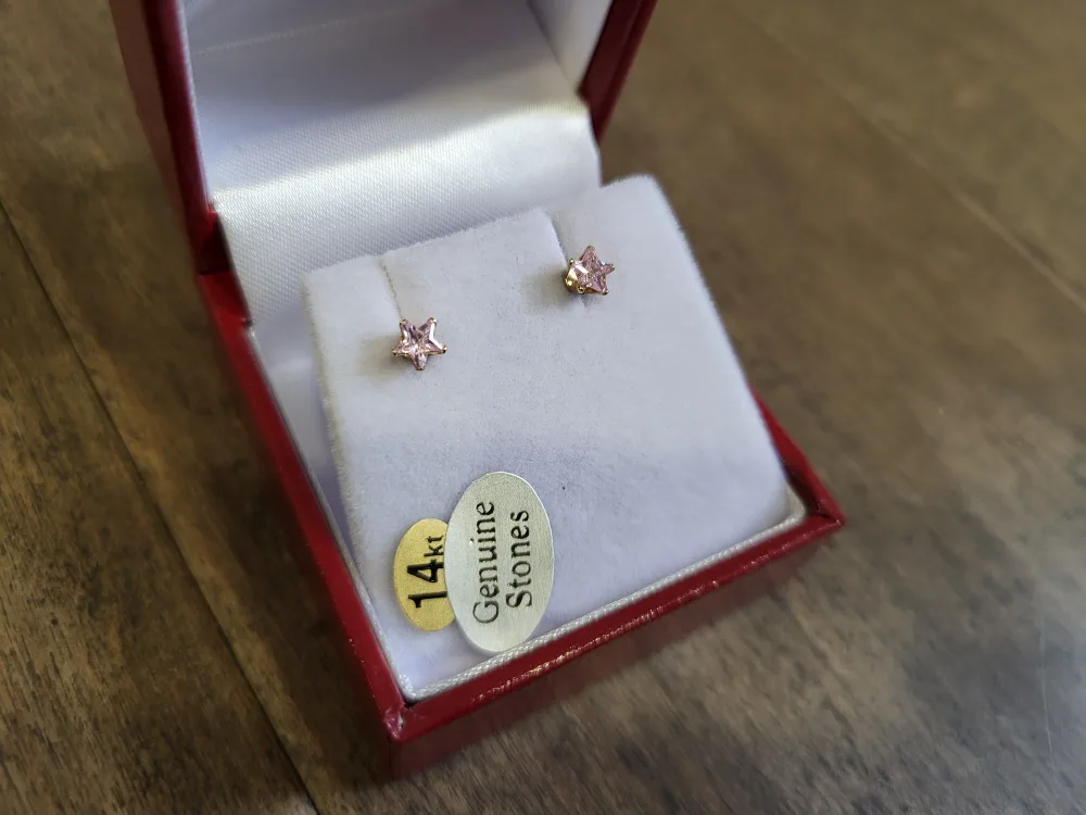 14k Gold Star Stud Earrings with Pink Genuine Stones image indicator(5)