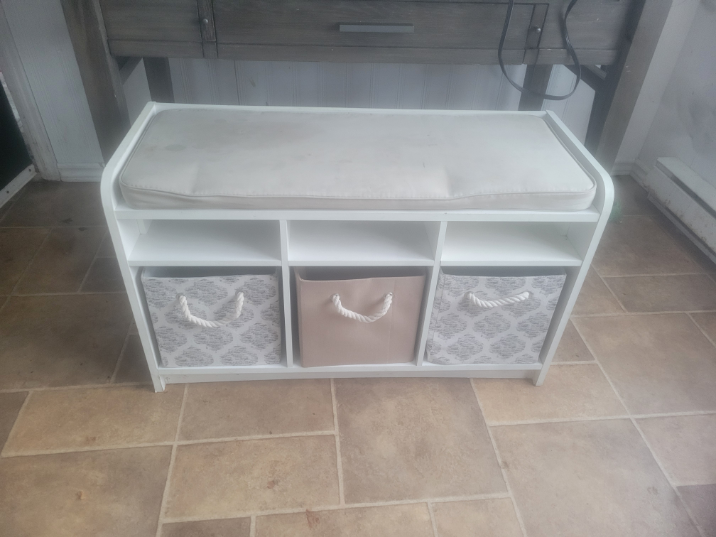 White Storage Bench with Cushioned Seat and Three Fabric Bins