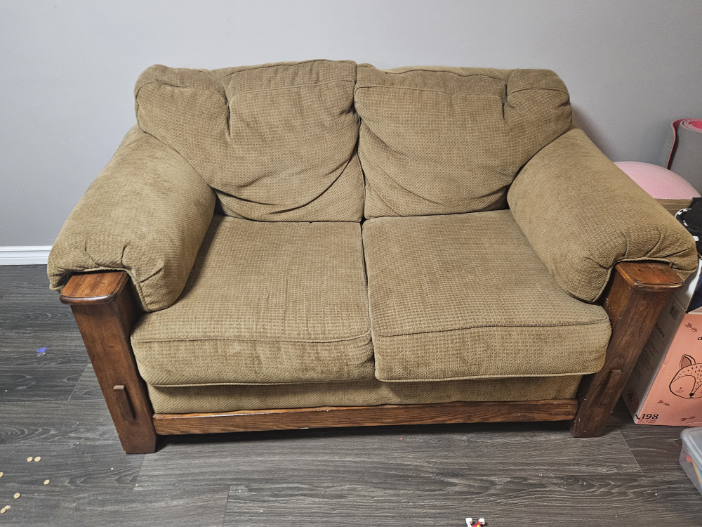 Brown Loveseat with Wooden Frame