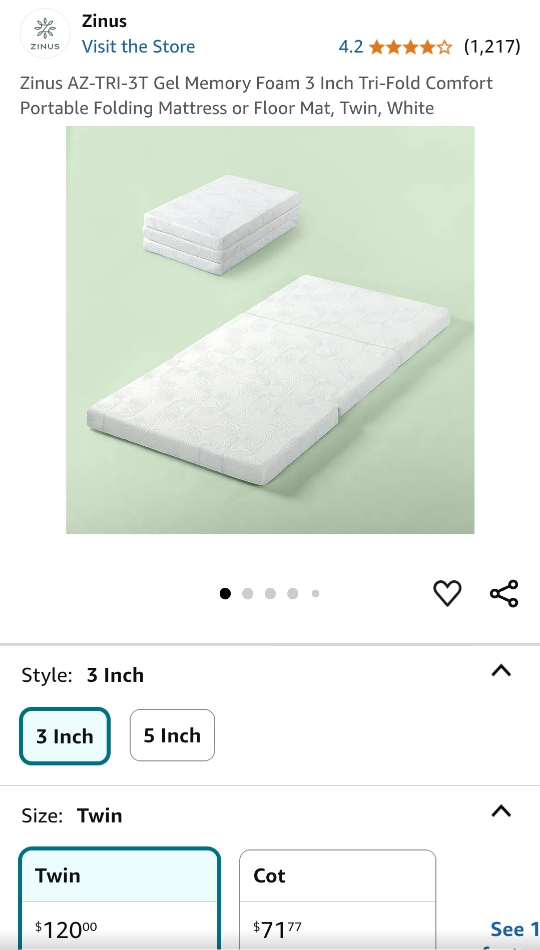Tri-Fold Gel Memory Foam 3inch Mattress Twin
