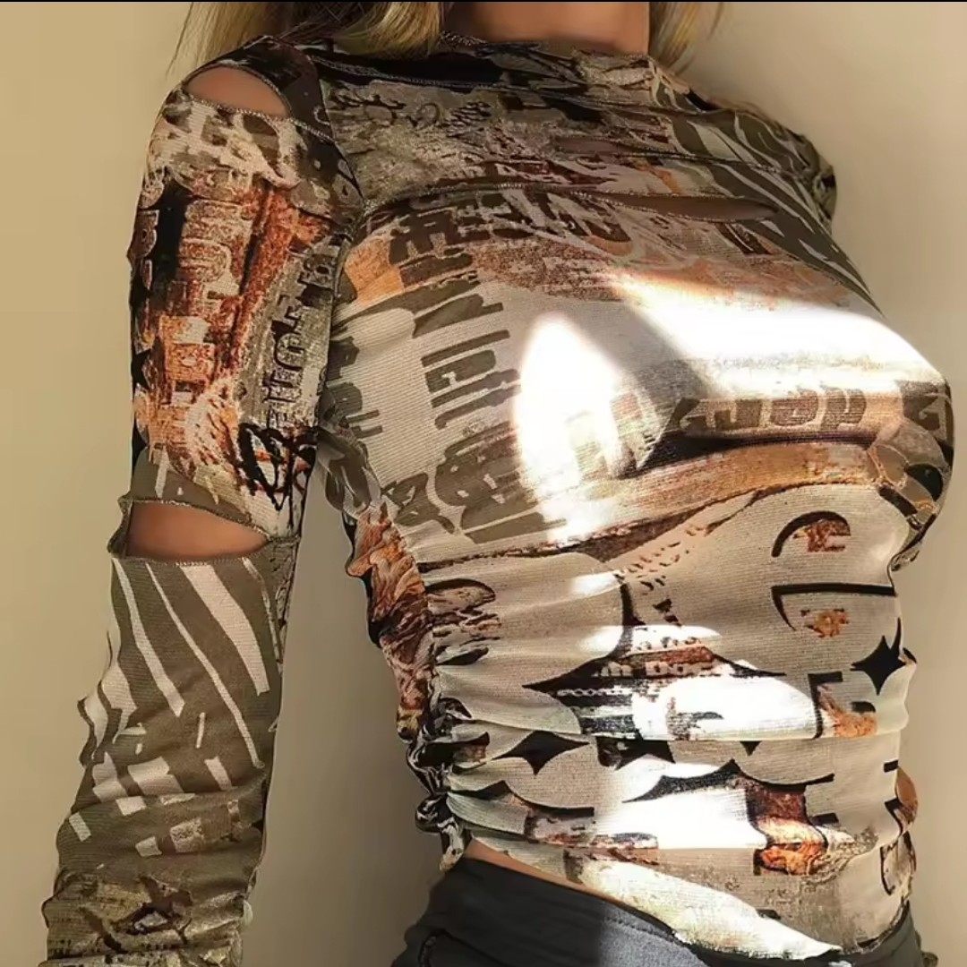 Vintage Graphic Mesh Long Sleeve Top