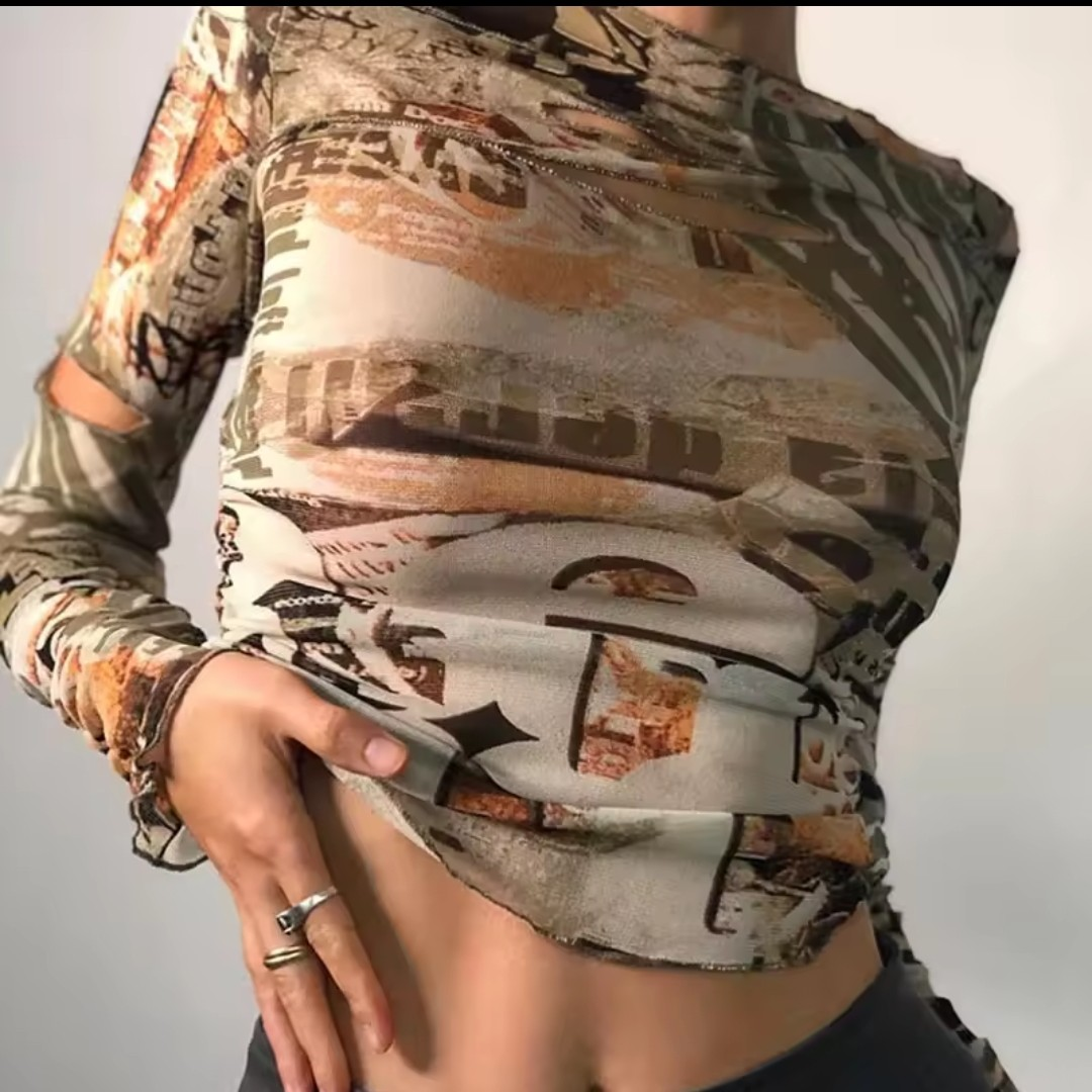 Vintage Graphic Mesh Long Sleeve Top - photo 2