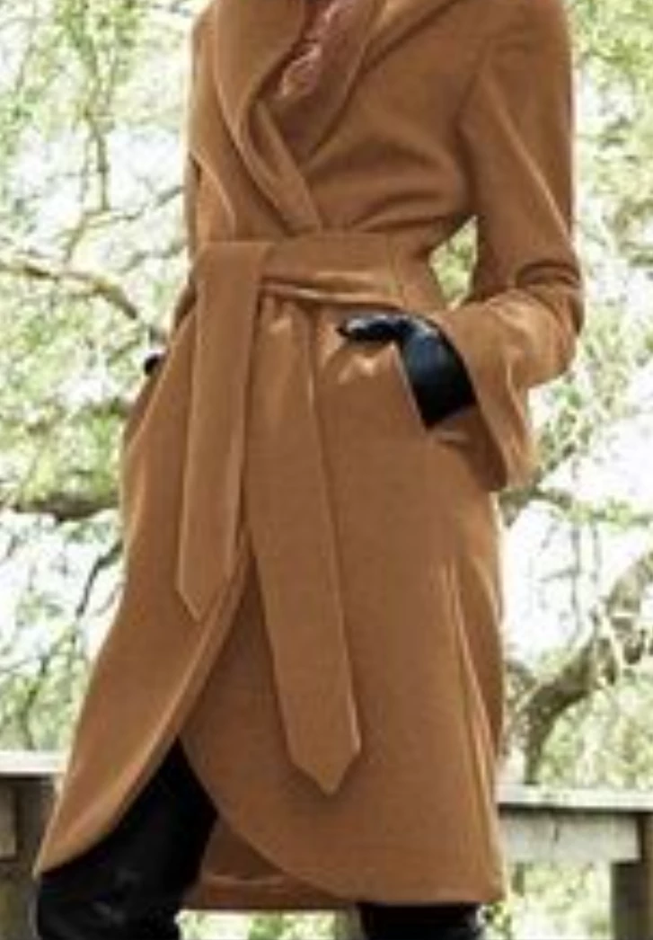 Camel-coloured Venus Hooded Wrap Coat - photo 5
