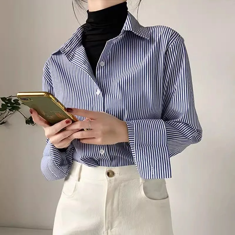Women's Blue and White Striped Long Sleeve Button-Down Shirt image indicator(2)