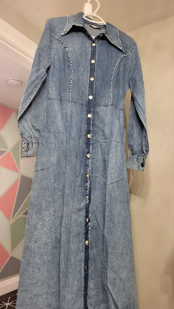 Vintage-inspired Denim Dress with Pearl Detailing image indicator(10)