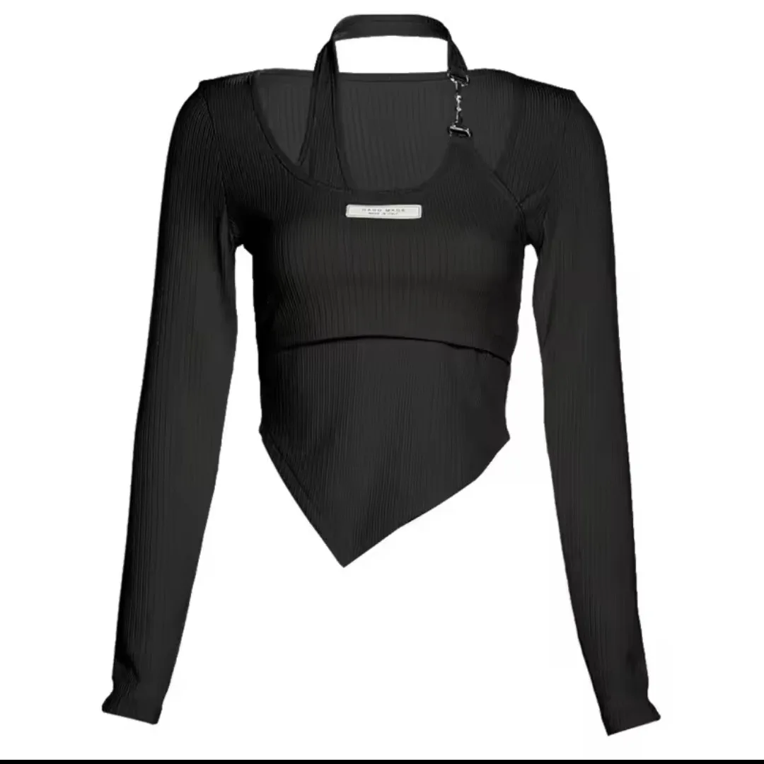 Black Halter Neck Ribbed Crop Top image indicator(2)