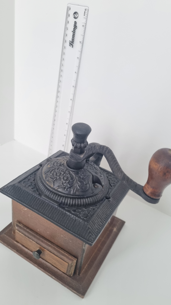 Antique Cast Iron Coffee Grinder with Wooden Base - photo 2