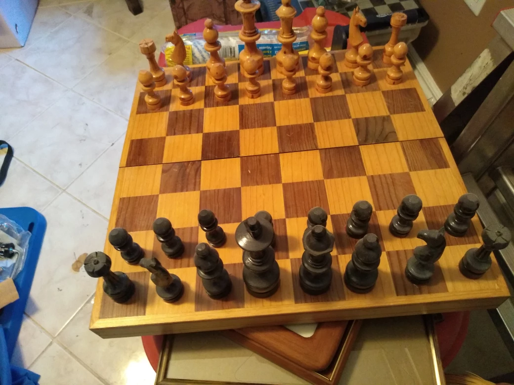 Vintage Wooden Chess Set with Folding Board