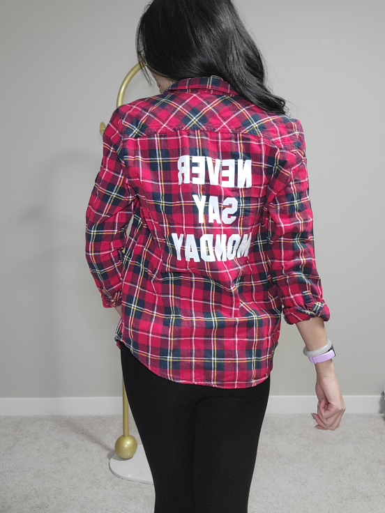 Red and Black Plaid Flannel Shirt with "Never Say Monday" Design - photo 2