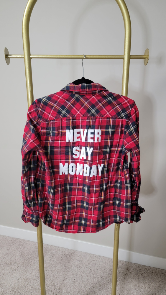 Red and Black Plaid Flannel Shirt with "Never Say Monday" Design - photo 4