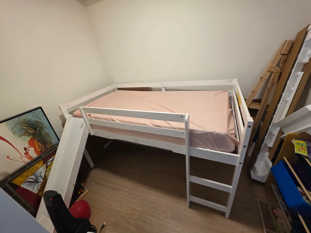 White Low Loft Bed with Slide - Twin Size thumbnail