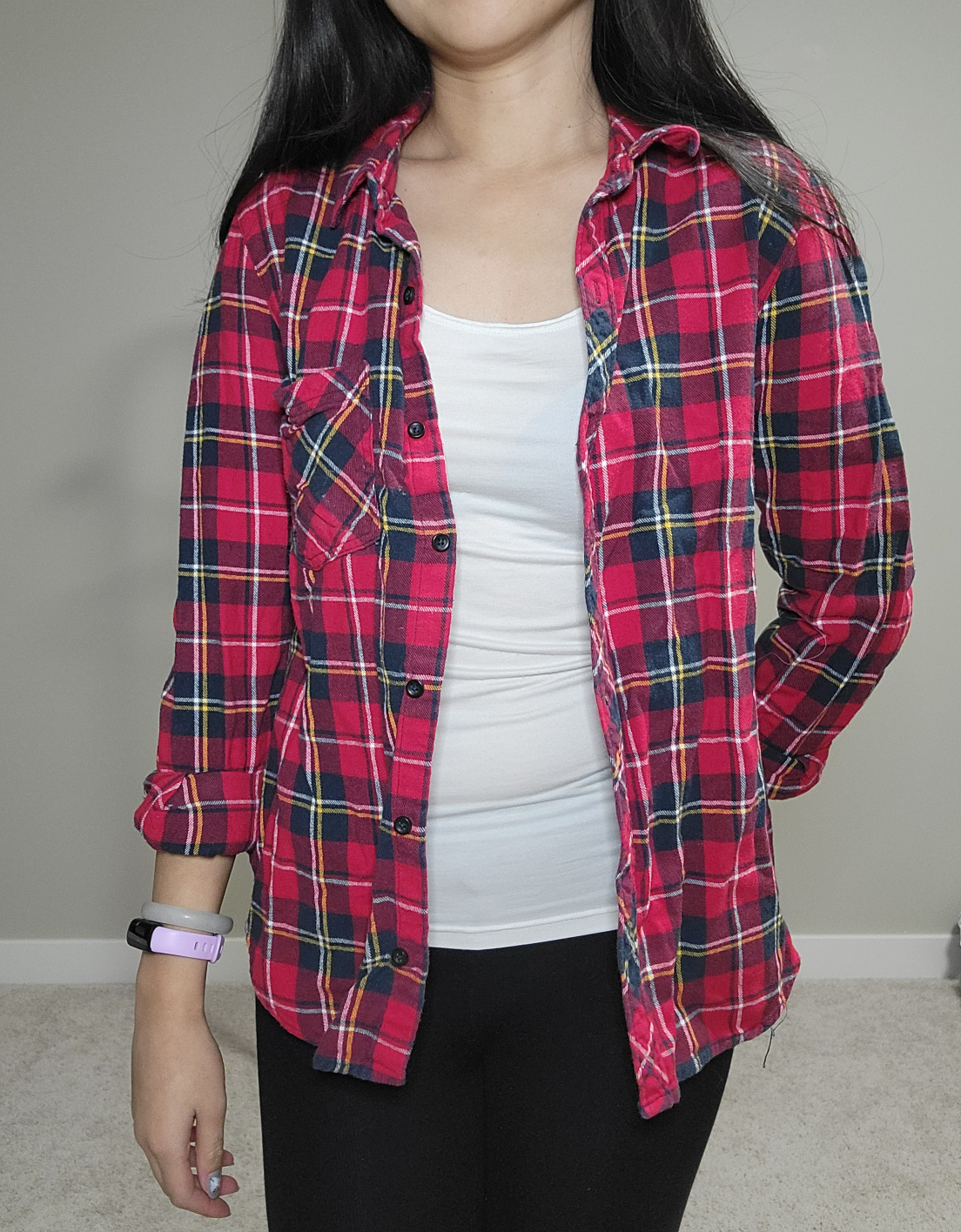 Red and Black Plaid Flannel Shirt with "Never Say Monday" Design