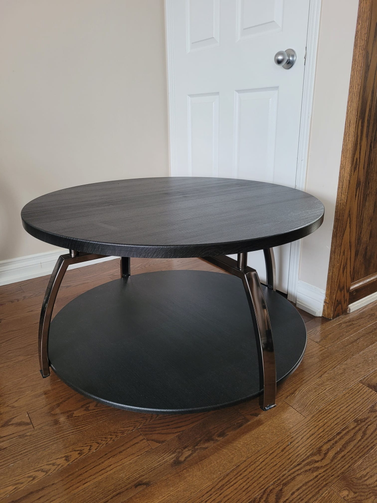 Round Two-Tier Coffee Table - Black with Brushed Metal Legs