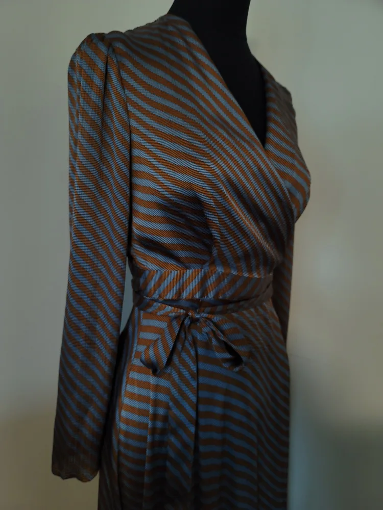 L.K.Bennett London Blue and Brown Striped Wrap Dress image indicator(3)