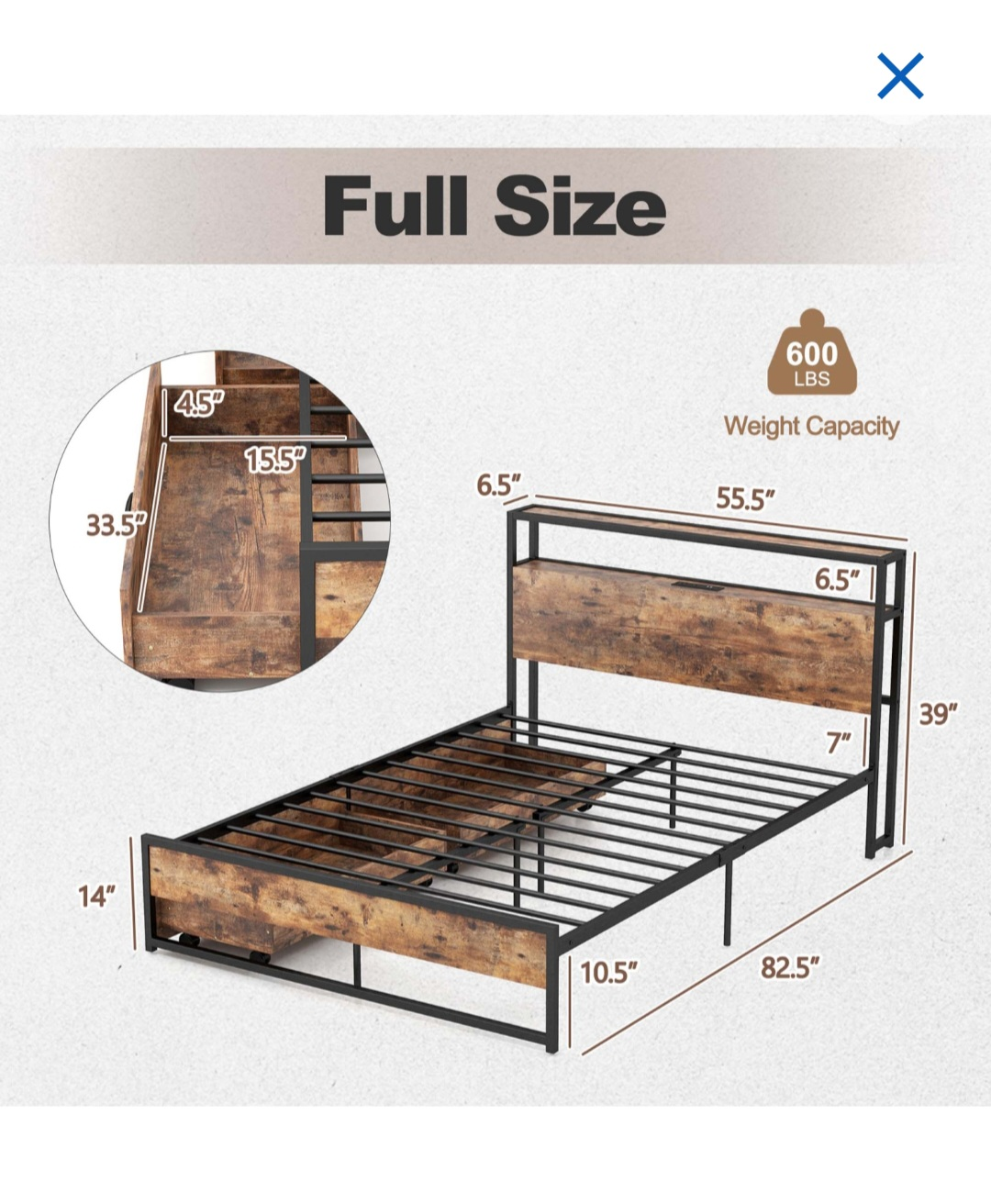 Full-Size Bed Frame with Two Drawers and Headboard Shelf - photo 5
