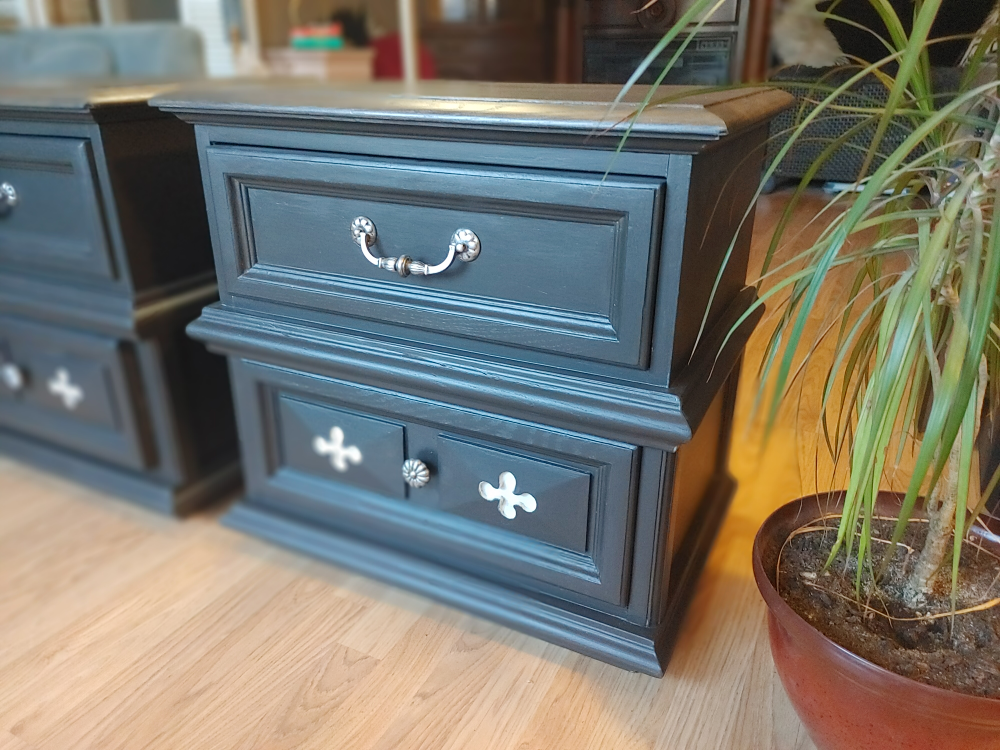 Pair of Vintage Espresso Nightstands with Floral Drawer Liners