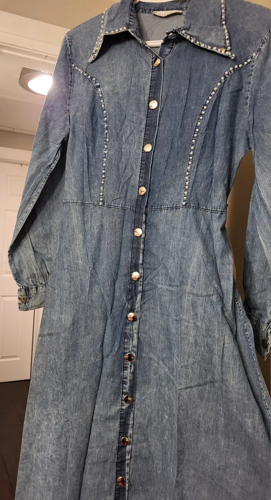 Vintage-inspired Denim Dress with Pearl Detailing image indicator(8)