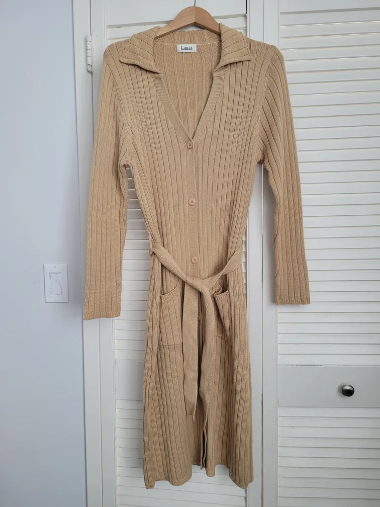 Laura Tan ribbed knit cardigan dress with pockets and belt thumbnail