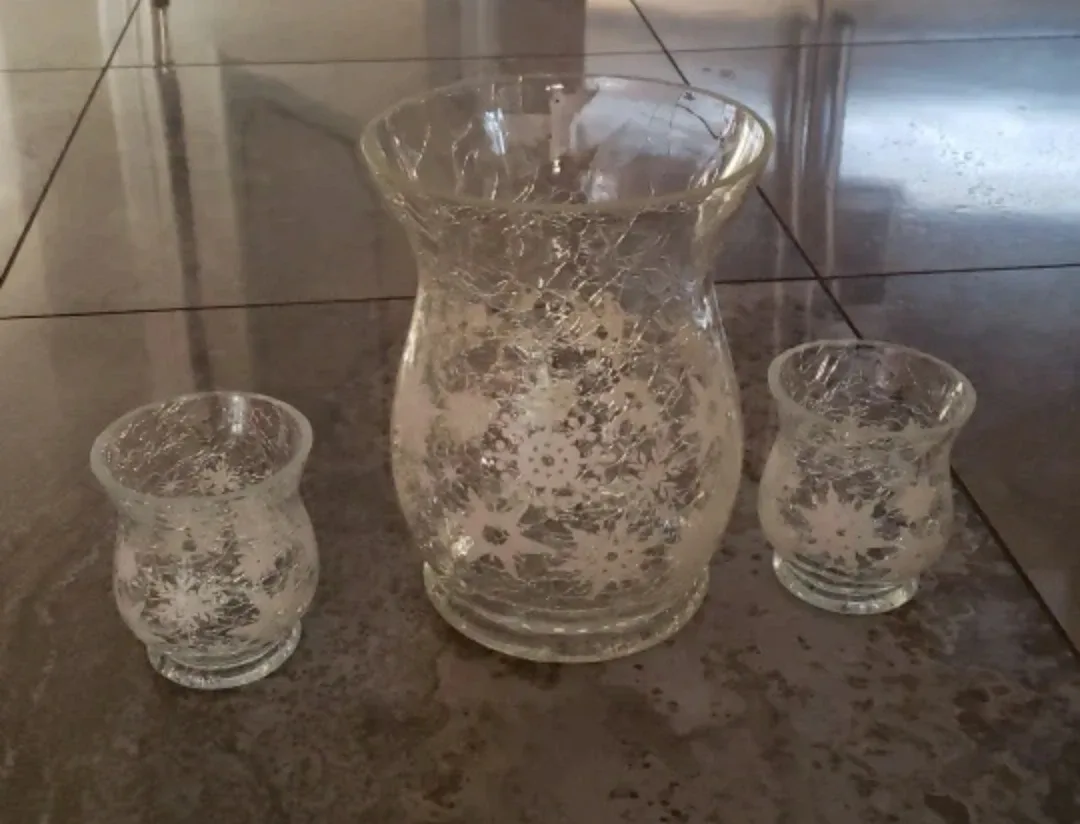 Set of three crackle glass hurricane vases.$15 for all 3 image indicator(2)