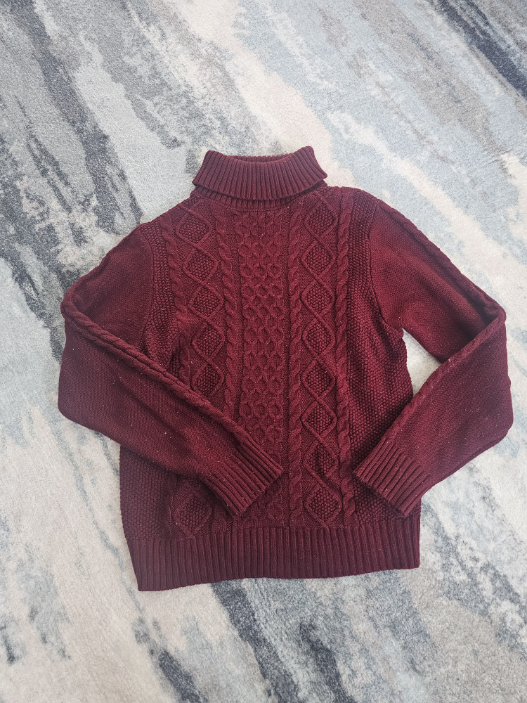 Burgundy Cable Knit Turtleneck Sweater