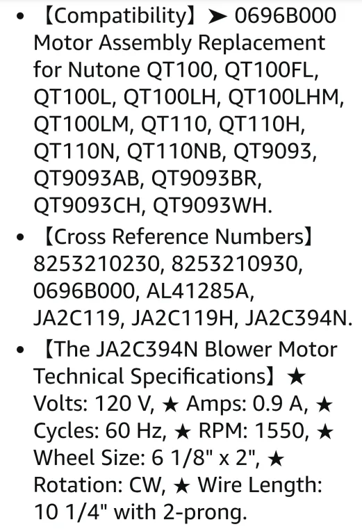 Bathroom EXHAUST FAN MOTOR, NUTONE QT100, QT110, QT9093WH Series image indicator(8)