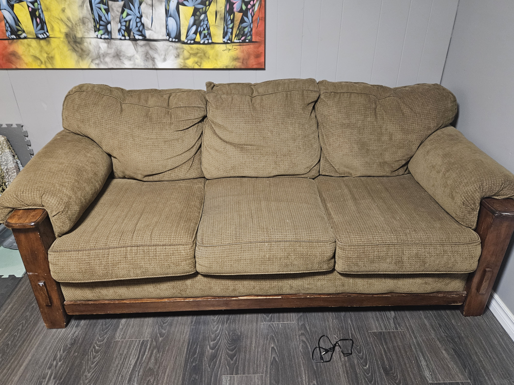 Used Brown Sofa with Wooden Arms