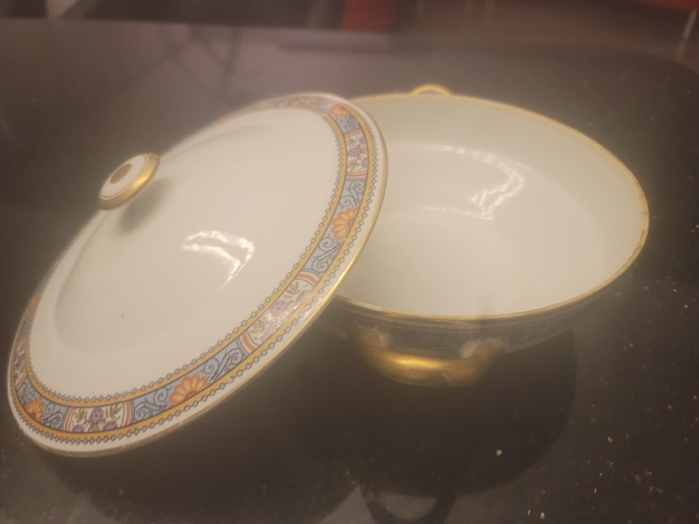 Vintage Covered Serving Bowl, Floral Design, Gold Accents - photo 2