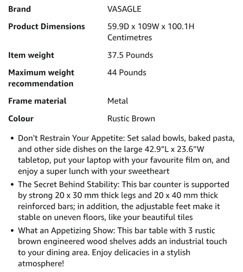 VASAGLE Rustic Brown Industrial Bar Table with 3 Shelves image indicator(5)