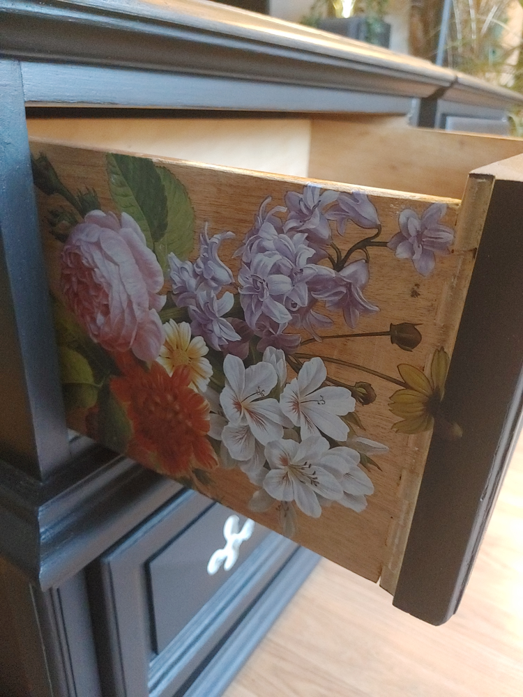 Pair of Vintage Espresso Nightstands with Floral Drawer Liners - photo 3