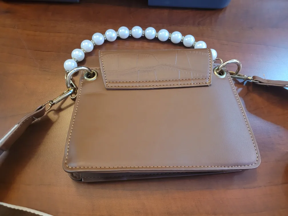 Brown Faux Crocodile Leather Crossbody Bag with Pearl Strap image indicator(3)