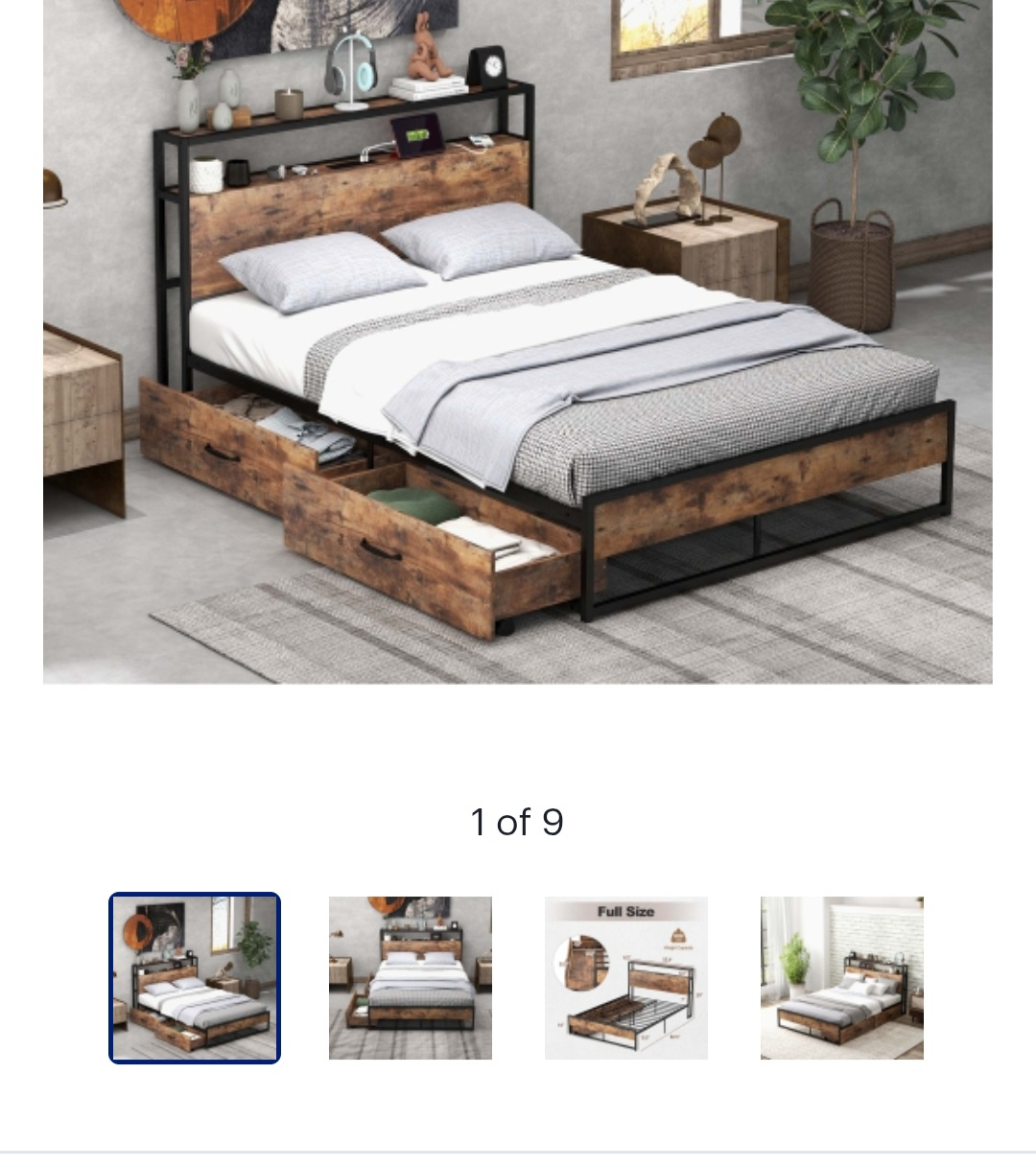 Full-Size Bed Frame with Two Drawers and Headboard Shelf