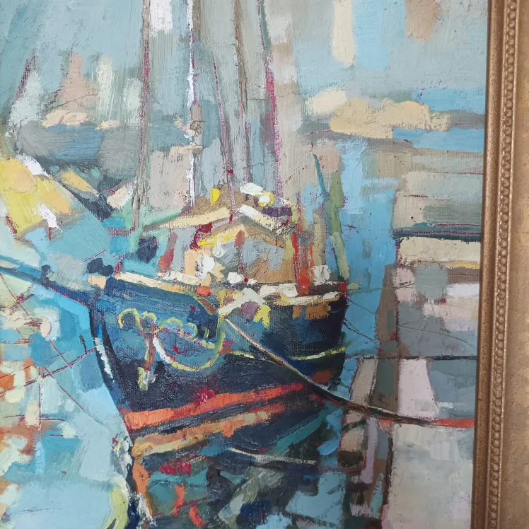 Framed Impressionist-Style Boat Painting image indicator(10)