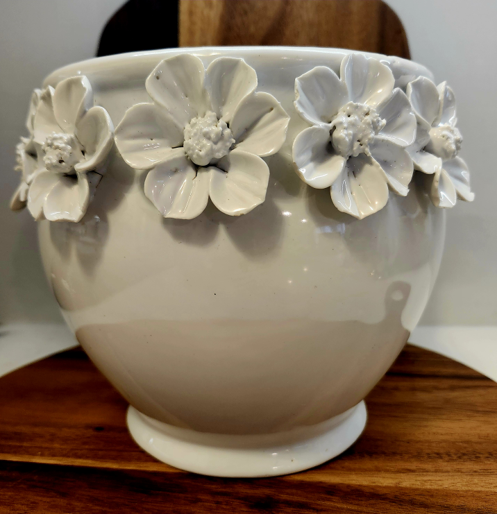 White Ceramic Planter with Flower Detail