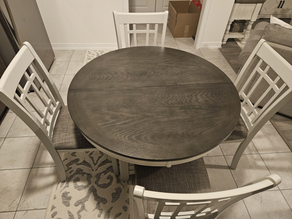 5-Piece Dove Grey Round Dining Set with Extension Table