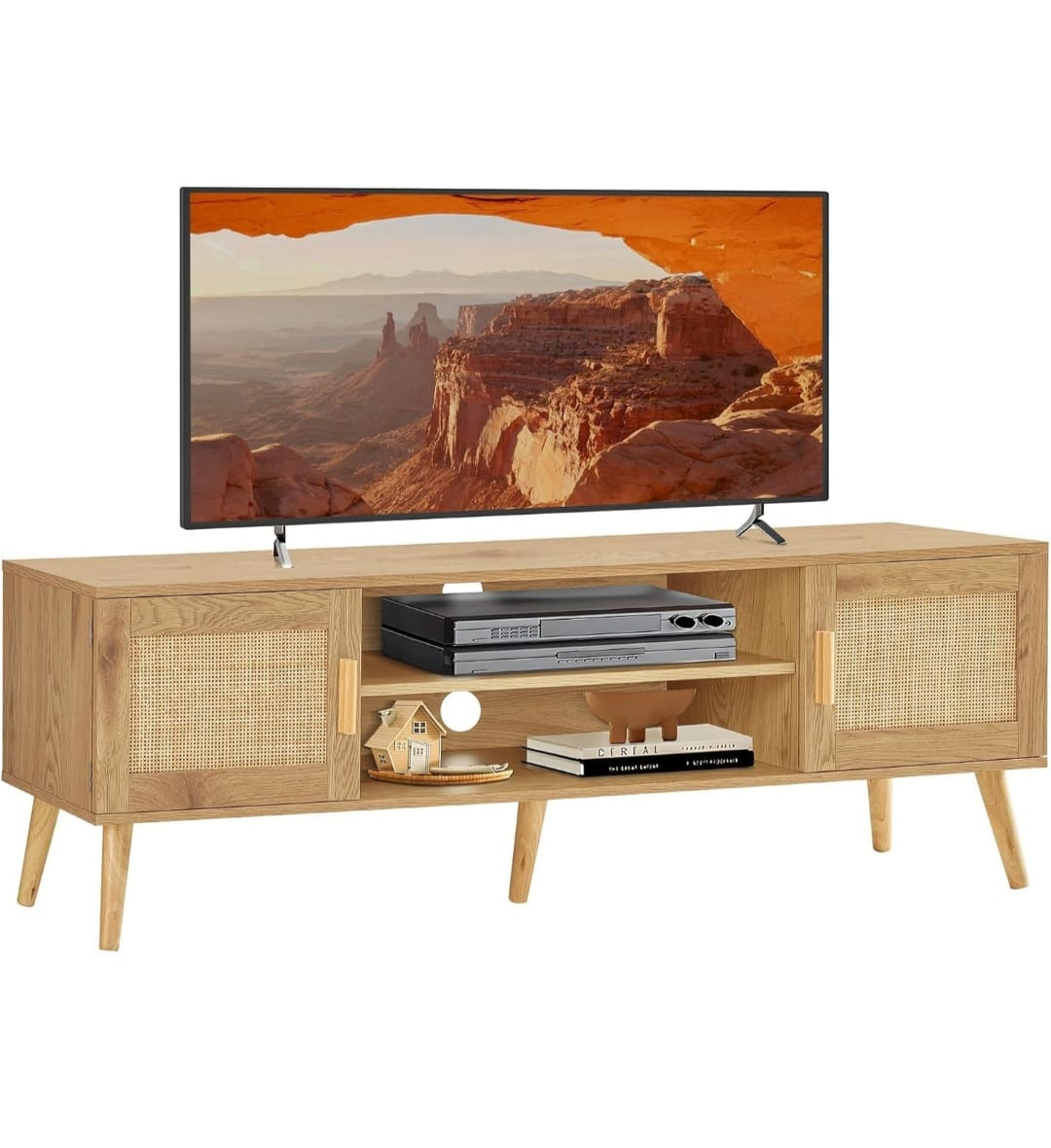 Mid-Century Modern TV Stand with Rattan Doors