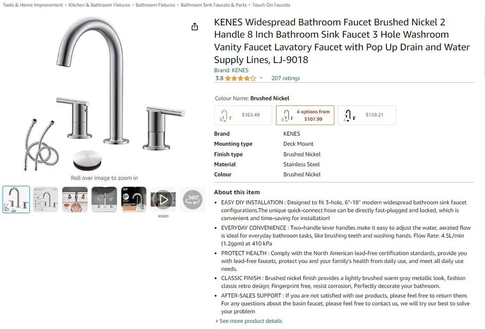 KENES Brushed Nickel 3-Hole Bathroom Faucet image indicator(8)
